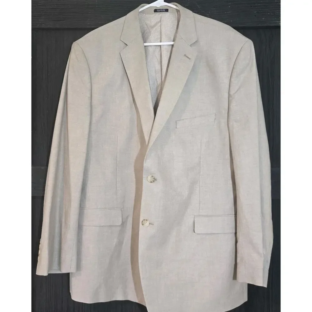 Saddlebred Mens Blazer 48R Beige Tan 100% Cotton 2-Button Sport Coat Gingham